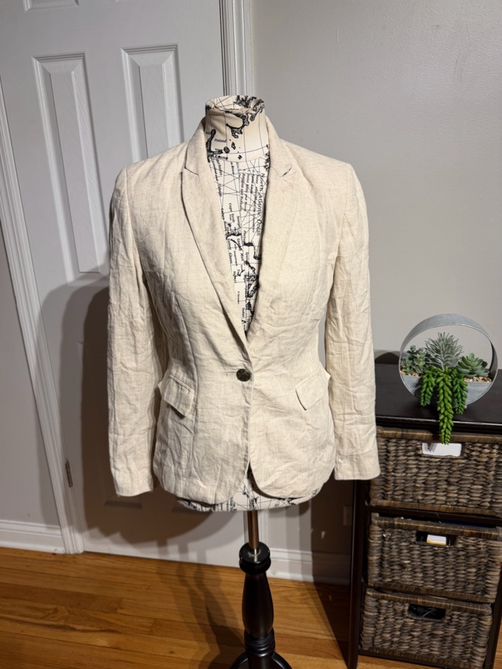 Kenar Linen Cotton Vintage Cream Single-Button Blazer Structured M notch lapels